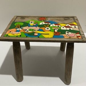 Hand Painted Folk Art Wood Stool La Palma El Salvador Milking Stool Handmade
